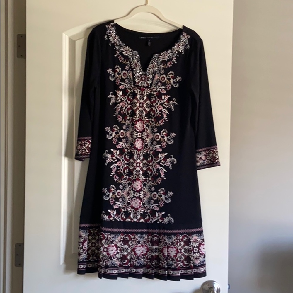 White House Black Market Black Tunic Dress with Pink & White Floral Embroidery